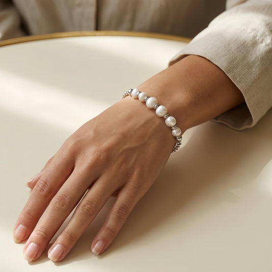 925 Sterling Silver Elegant Pearl and Sterling  Chain Bracelet with Classic Design