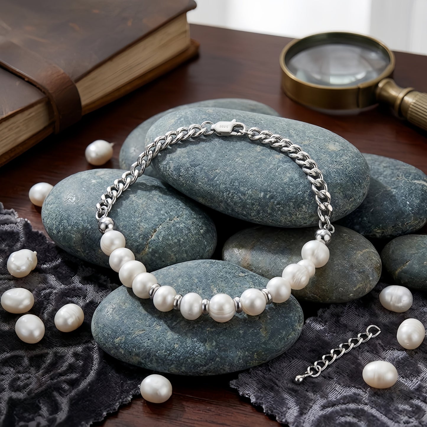 925 Sterling Silver Elegant Pearl and Sterling  Chain Bracelet with Classic Design