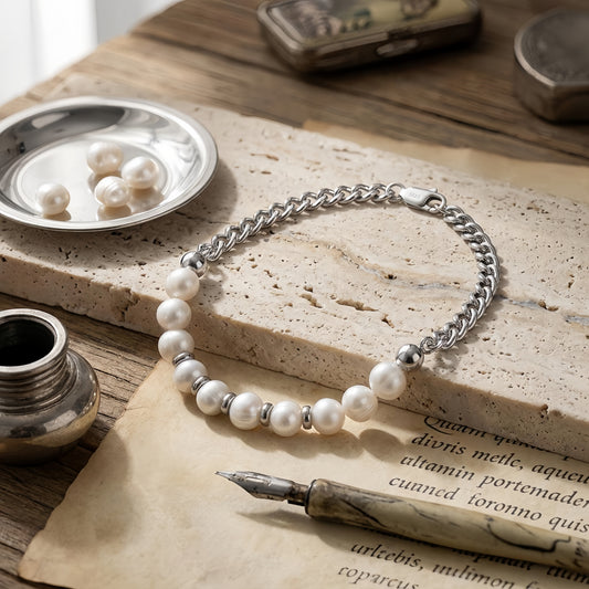 925 Sterling Silver Elegant Pearl and Sterling  Chain Bracelet with Classic Design