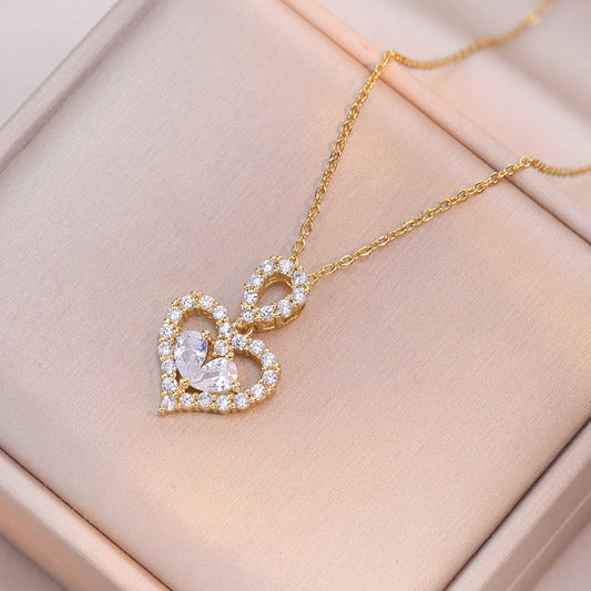 Affectionate Titanium Steel Light-Luxury Jewelry Diamond-Inlaid Heart Choker Necklace For Women