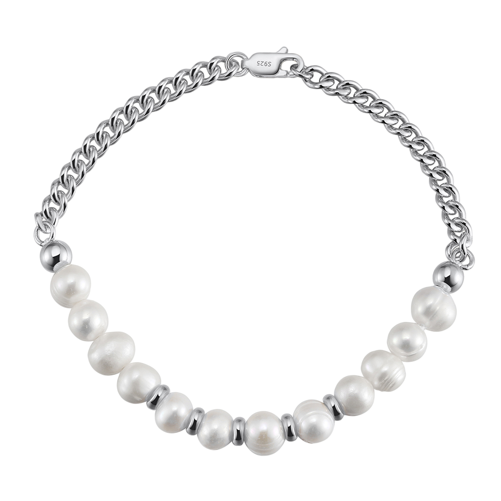 925 Sterling Silver Elegant Pearl and Sterling  Chain Bracelet with Classic Design